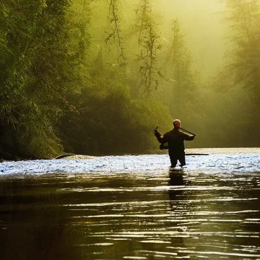 Prompt: otter fisherman, even light, forest river, morning forest