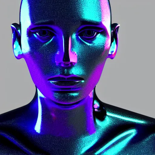 Image similar to 3d render of holographic human robotic head made of glossy iridescent, surrealistic 3d illustration of a human face non-binary, non binary model, 3d model human, cryengine, made of holographic texture, holographic material, holographic rainbow, concept of cyborg and artificial intelligence