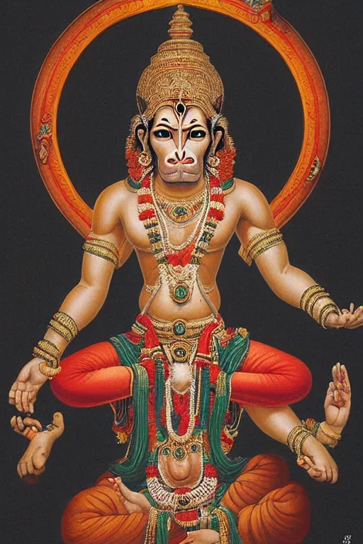 Image similar to a full body portrait of a beautiful ornated hanuman god, arms pointing up!!!, meditative sacral pose, hindu stages of meditation, intricate, elegant, highly detailed, line art!!!!!!!, artstation, concept art, smooth, sharp focus, illustration, art by krenz cushart and artem demura and alphonse mucha