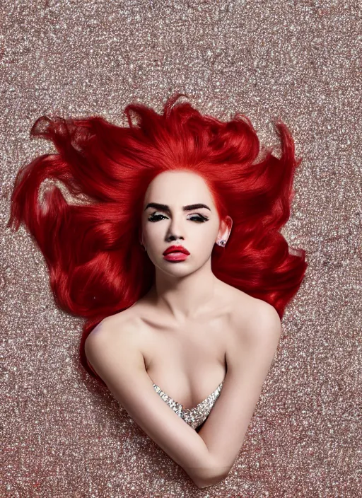 Image similar to ava max bright red hair lying on the floor surrounded by diamonds, canon, highly realistic. high resolution. highly detailed. dramatic. 8 k. 4 k.