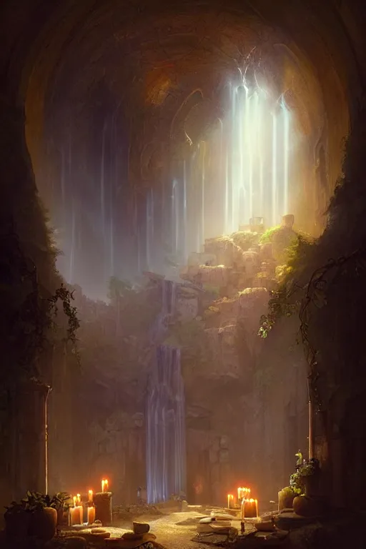 Image similar to Detailed Interior of Monastery Ruins, Waterfall walls, light of god, light shafts, candles, stunning atmosphere, in Style of Peter Mohrbacher, cinematic lighting, masterpiece