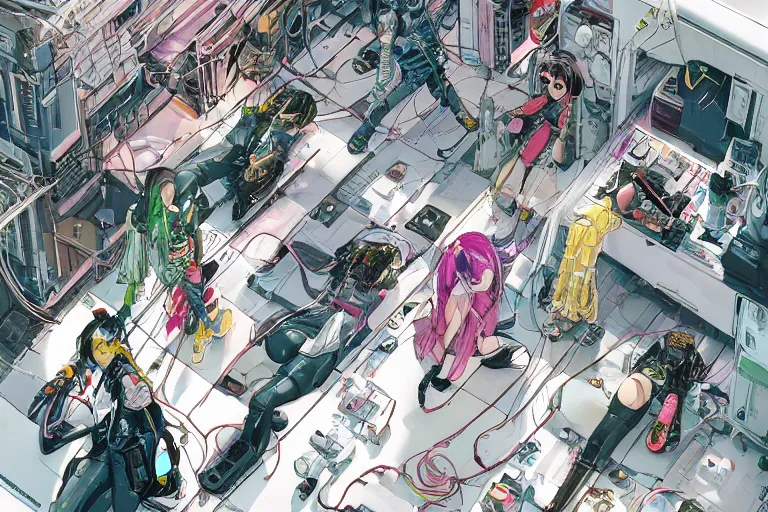 Image similar to a cyberpunk illustration of a group of four coherent cutely dressed female androids in style of masamune shirow, lying scattered across an empty, white floor with their bodies rotated in different poses and cables and wires coming out, by yukito kishiro and katsuhiro otomo, hyper-detailed, intricate, view from above, colorful