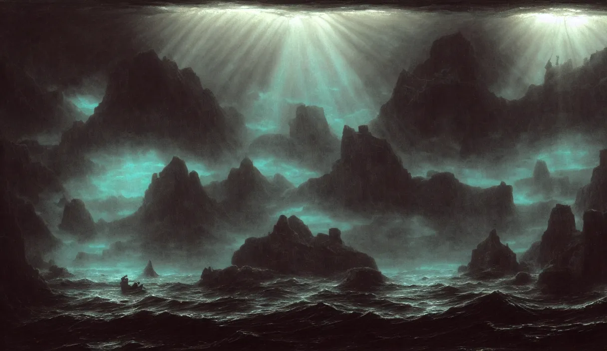 Image similar to low ultrawide shot, dark, underwater men statues, submerged pre - incan temple with carvings, abyss, stylized, anime style mixed with fujifilm, detailed gouache paintings, crepuscular rays, dark, murky, foggy, atmospheric, nicola samori, albert bierstadt, frederic edwin church, beksinski, wayne barlowe's inferno