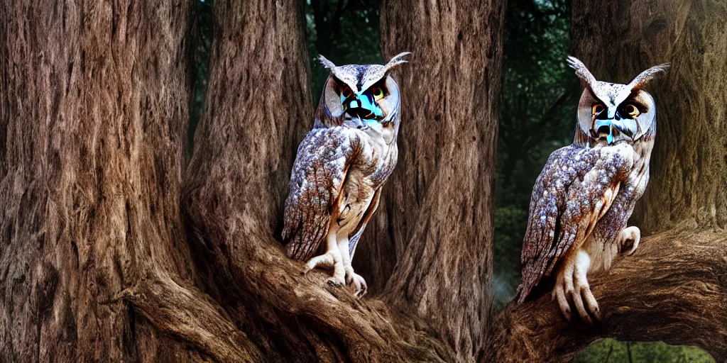 Image similar to A giant two-headed owl with red and blue eyes sitting on a throne carved in a big tree, moonlight, natural light, Cinematic level shot, dynamic pose, award winning photograph, photorealism, beautiful lighting, sharp, details, hyper-detailed, HDR, 8K