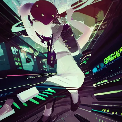 Image similar to Frequency indie album cover, luxury advertisement, white and lime colors. highly detailed post-cyberpunk sci-fi close-up schoolgirl in asian city in style of cytus and deemo, mysterious vibes, by Ilya Kuvshinov, by Greg Tocchini, nier:automata, set in half-life 2, beautiful with eerie vibes, very inspirational, very stylish, with gradients, surrealistic, postapocalyptic vibes, depth of filed, mist, rich cinematic atmosphere, perfect digital art, mystical journey in strange world, beautiful dramatic dark moody tones and studio lighting, shadows, bastion game, arthouse