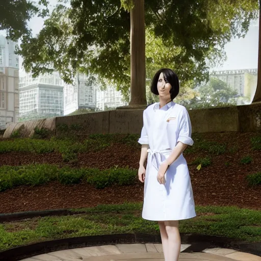 Prompt: a full body portrait of a young woman wearing a white apron standing in front of a fountain in a park, makoto shinkai, james gilleard, very detailed, matte, gaussian blur, tone mapped William-Adolphe, photo taken with Sony a7R