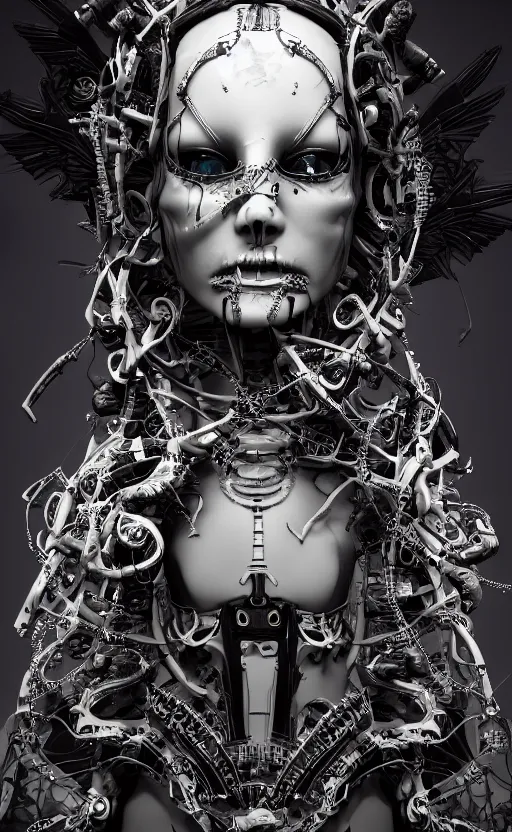 Prompt: full-body cyberpunk style sculpture of a young beautiful dark priestess, half android with a head opening exposing circuitry, glowing white eyes, black roses, flowing white colored silk, fabric, candles. baroque elements. human skull. full-length view. baroque element, intricate artwork by Caravaggio. crows flying in background. Trending on artstation. octane render, cinematic lighting from the right, hyper realism, octane render, 8k, depth of field, 3D