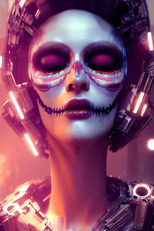 Prompt: beautiful android woman, crying eyes closed!, sharp, photorealistic cinematic, 3 d model, cyborg, postcyberpunk, blade runner, octane render, concept art, vogue, 8 k, intricate detailed environment el dia los muertos. by tim walker, artgerm and kuciara and mucha