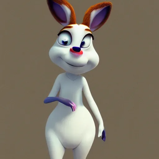 Image similar to portrait, 3 d render, tall little fat, anthropomorphic female deer, wearing along white dress, in the style of zootopia,