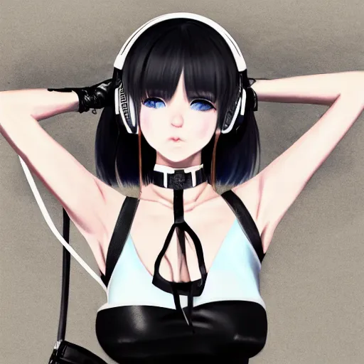 Image similar to realistic teasing detailed semirealism beautiful gorgeous cute Blackpink Lalisa Manoban white hair white cat ears blue eyes, wearing black camisole outfit, headphones, black leather choker full HD 4K high resolution quality WLOP, Aztodio, Taejune Kim, Guweiz, Pixiv, Instagram, Artstation