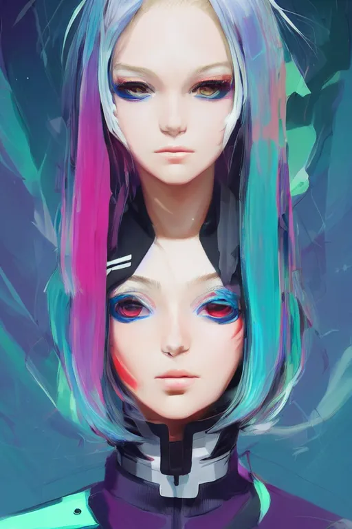 Image similar to poster woman with futuristic streetwear and hairstyle, colourful, cute face, pretty face, 3/4 portrait, Galaxy eyes, beautiful, elegant, Anime by Kuvshinov Ilya, Cushart Krentz and Gilleard James, 4k, HDR, Trending on artstation, Behance, Pinterest, award winning