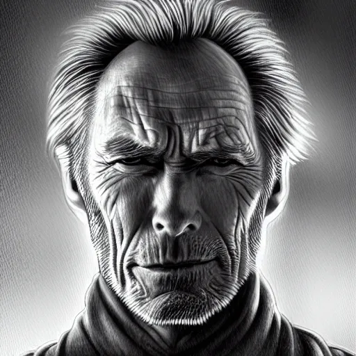 Image similar to character portrait of clint eastwood, lean face, cinematic lighting, glowing grey eyes, hyper - detailed, 4 k, high resolution, in the style of charlie bowater, tom bagshaw, single face, symmetrical, headshot photograph, insanely detailed and intricate, beautiful, elegant, watercolor, cinematic, portrait, raphaelite, headroom, pierre - auguste renoir
