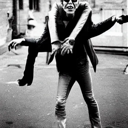 Image similar to david bowie from changes giving a piggy back ride to ziggy stardust. as a photograph with new york in the background