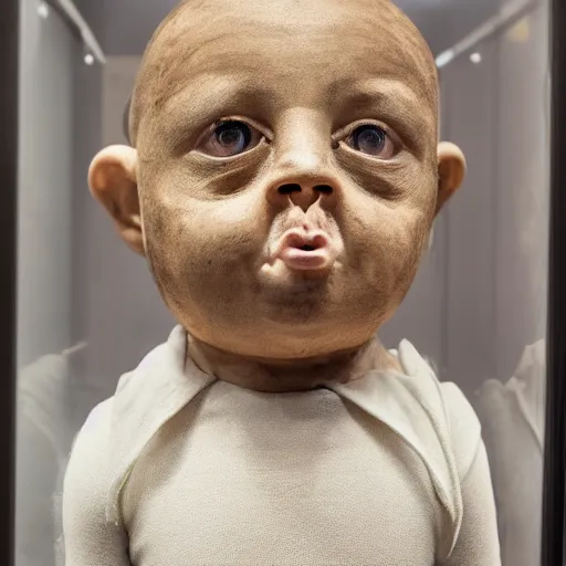 Prompt: taxidermized elder baby, in a museum, alone, sad face, symmetrical face, angular face, coherent,