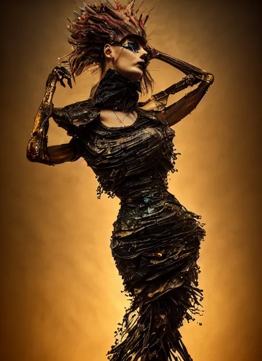 Prompt: expressive full body photo of hobo, dress made of trash, glamour shot, karol bak, stefan gesell, photorealistic, nikon d 4 x, fashion photography, hyper maximalist, elegant, ornate, luxury, elite, environmental portrait, symmetrical features, octane render, unreal engine, dramatic lights