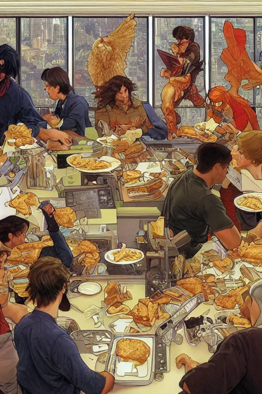 Prompt: a group of software engineers eat chicken sandwiches at their desks, by artgerm and moebius and alphonse mucha, hyperdetailed, dc comics, explosions in the sky, trending on deviantart