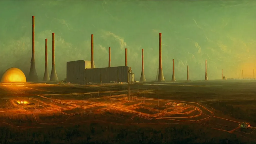 Prompt: A nuclear power plant in utopia by Simon Stålenhag and J.M.W. Turner, oil on canvas; Nuclear Fallout, Art Direction by Adam Adamowicz; 4K, 8K Ultra-Realistic Depth Shading; Epic 4k dream drone shots