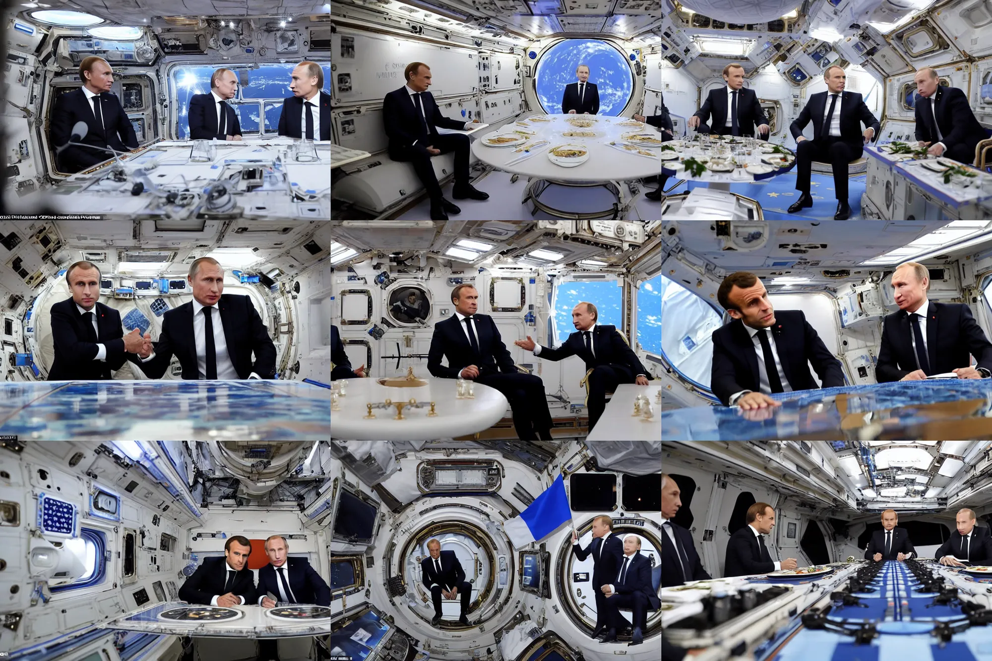 Prompt: macron and putin have a meeting, floating in the space station, long table