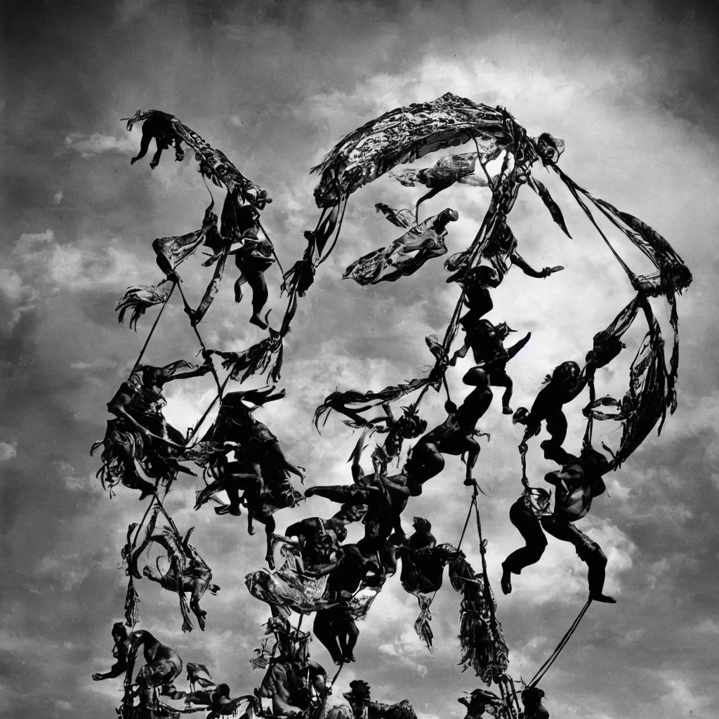 Prompt: Maori warrior during ancient extreme sports on parachute by david lachapelle, old photo, black and white, vintage