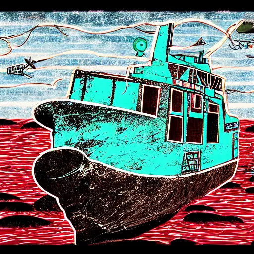 Image similar to an abandoned ship in the aral sea, in the style of daniel johnston and outsider art, 8 k, line brush, overlaid with chinese adverts