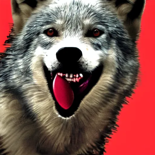 Image similar to portrait of retarded wolf, eyes in different directions, vivid colors, very poor, propaganda style, it looks sick, very ugly face, tongue out