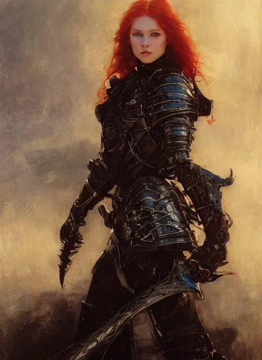 Prompt: young beautiful mischievous blue eyed redheaded woman wearing black medieval armour, detailed, by gaston bussiere, bayard wu, greg rutkowski, giger, maxim verehin, greg rutkowski, masterpiece, sharp focus, cinematic lightning