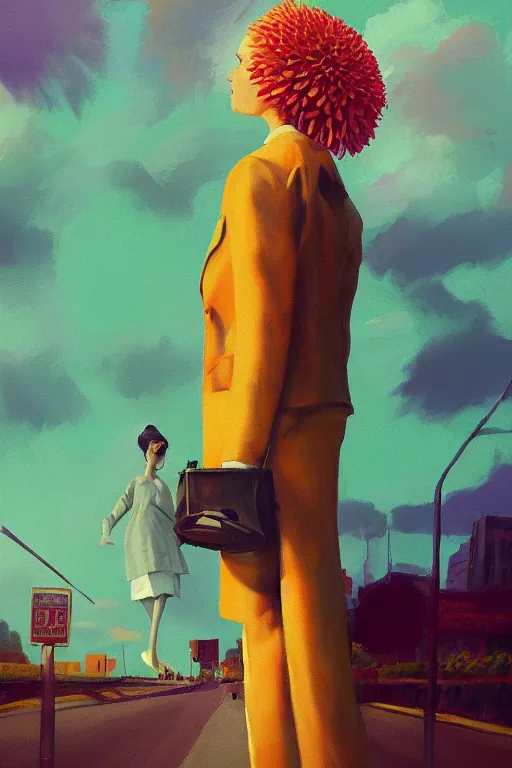 Image similar to portrait giant dahlia flower head, frontal, girl in a suit, standing in street, surreal photography, sunrise, dramatic light, impressionist painting, digital painting, artstation, simon stalenhag