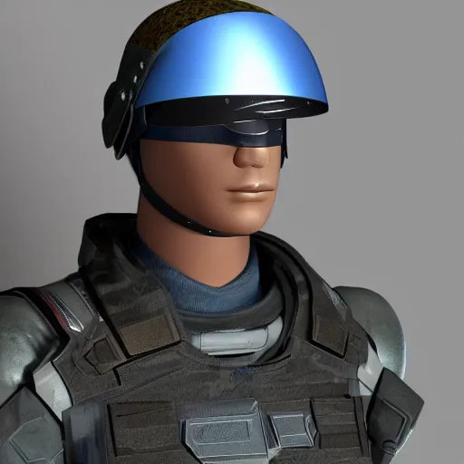 Image similar to a futuristic soldier captain with a metal visor and a blue shoulderpad