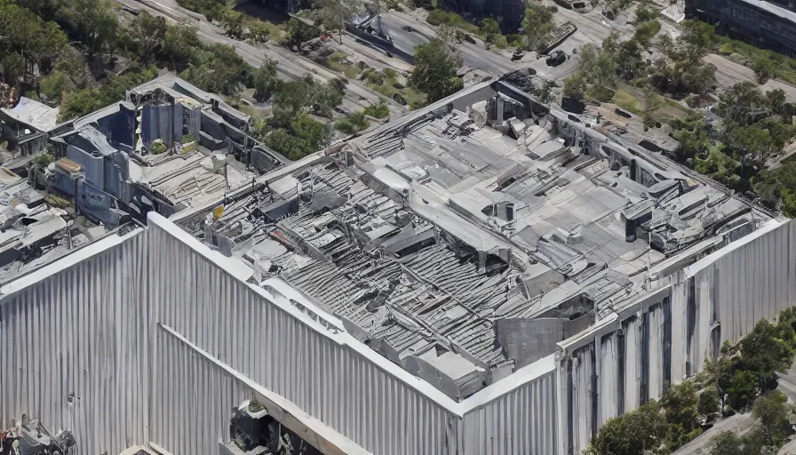 Image similar to the internal structure of modern american apartments is four stories high and there is a huge water storage tank on the roof