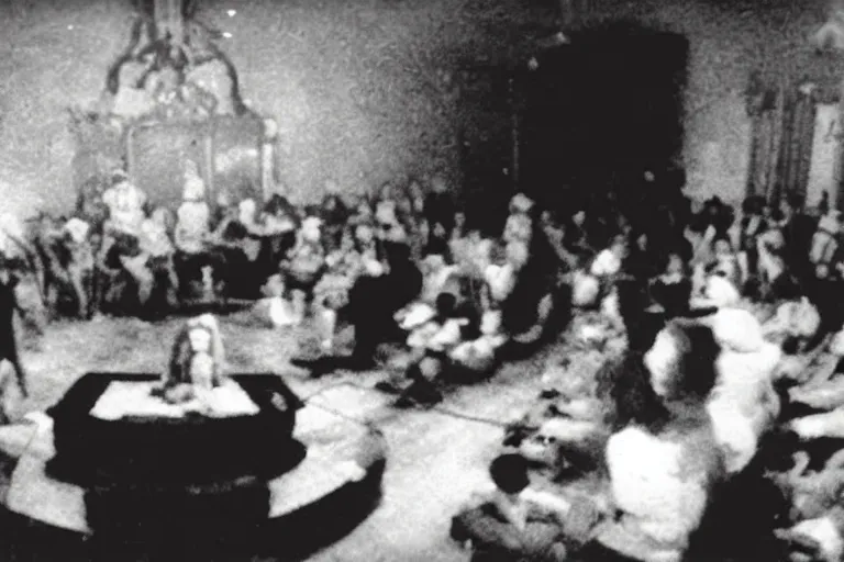Image similar to vhs camcorder footage of a room of people staring at a live demon, eerie