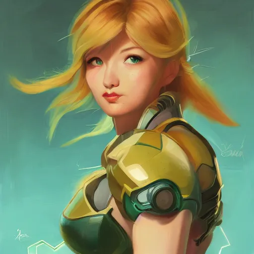 Image similar to portrait of beautiful Samus Aran, League of Legend illustration by Sam Youn:3, profile picture by Gil Elvgren:3, asymmetrical, Organic Painting, Ambient Occlusion:3, Matte Painting, bold shapes, hard edges, street art, trending on artstation, realistic:2 by Sachin Teng:5