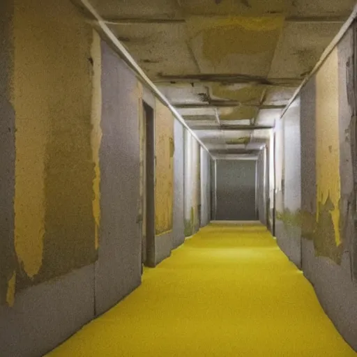 Image similar to Emma Watson lost in the backrooms, old moist carpet, mono-yellow, fluorescent lights, randomly segmented rooms, eerie