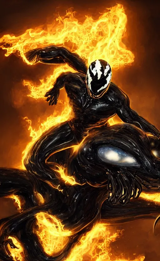 Image similar to venom as ghost rider on a motorcycle, dynamic lighting, photorealistic fantasy concept art, trending on art station, stunning visuals, terrifying, creative, cinematic