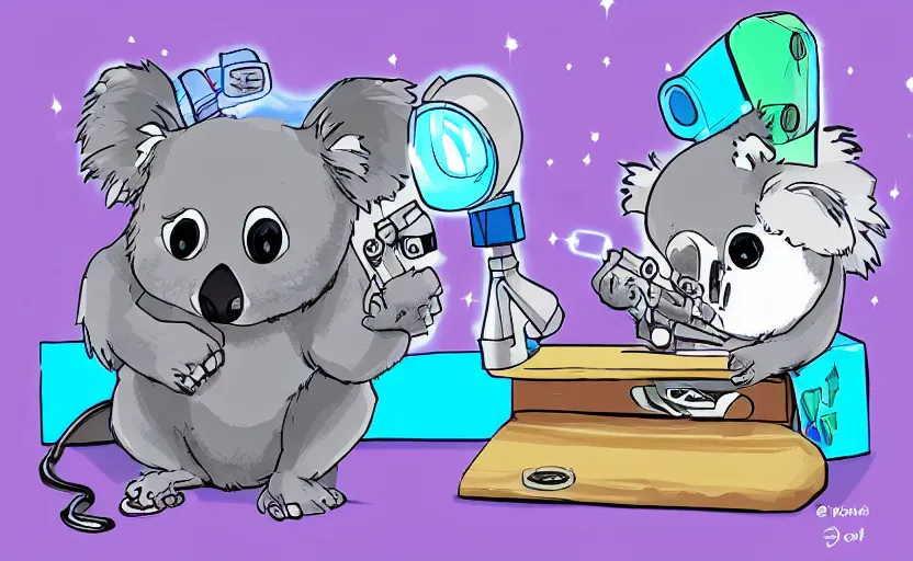 Prompt: “ cute koala with very big eyes, wearing a bandana and chain, holding a laser gun, standing on a desk, digital art, award winning ”