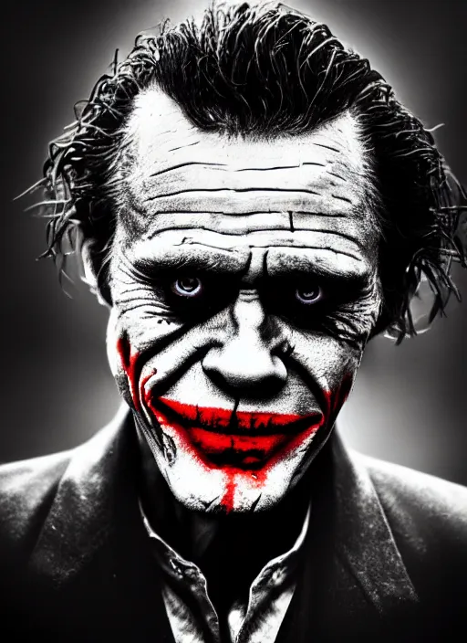 Image similar to photo of Willem Dafoe as the Joker by Lee Jeffries, detailed, award winning, Sony a7R, trending on artstation