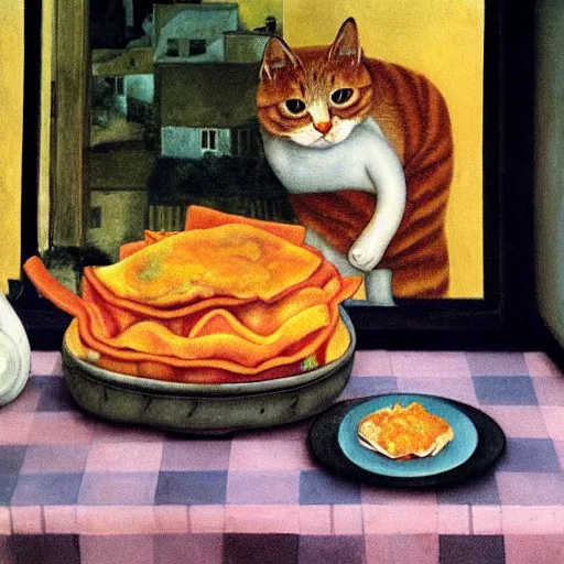 Image similar to fat orange tabby cat eating lasagna on a table, afternoon, by frida kahlo, neighborhood outside window