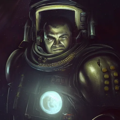 Prompt: closeup portrait of a space marine, dramatic lighting, city background, night, moon, chiaroscuro, high detail,, painted by greg rutkowski, painted by igor kieryluk, painted by raymond swanland, trending on artstation