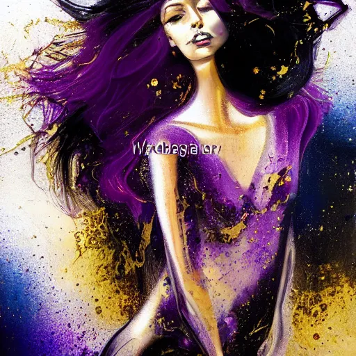 Image similar to masterpiece ink and acrylic dynamic portrait of an aesthetic beautiful realistic black haired woman, gold and purple strands, 3 0 years old woman, mid long hair, black eyed, by joachim bergauer and wlop, artstation, deviantart, pouring acrylic chaotic background, dynamic! curves and splashes, swirling, detailed, intricate