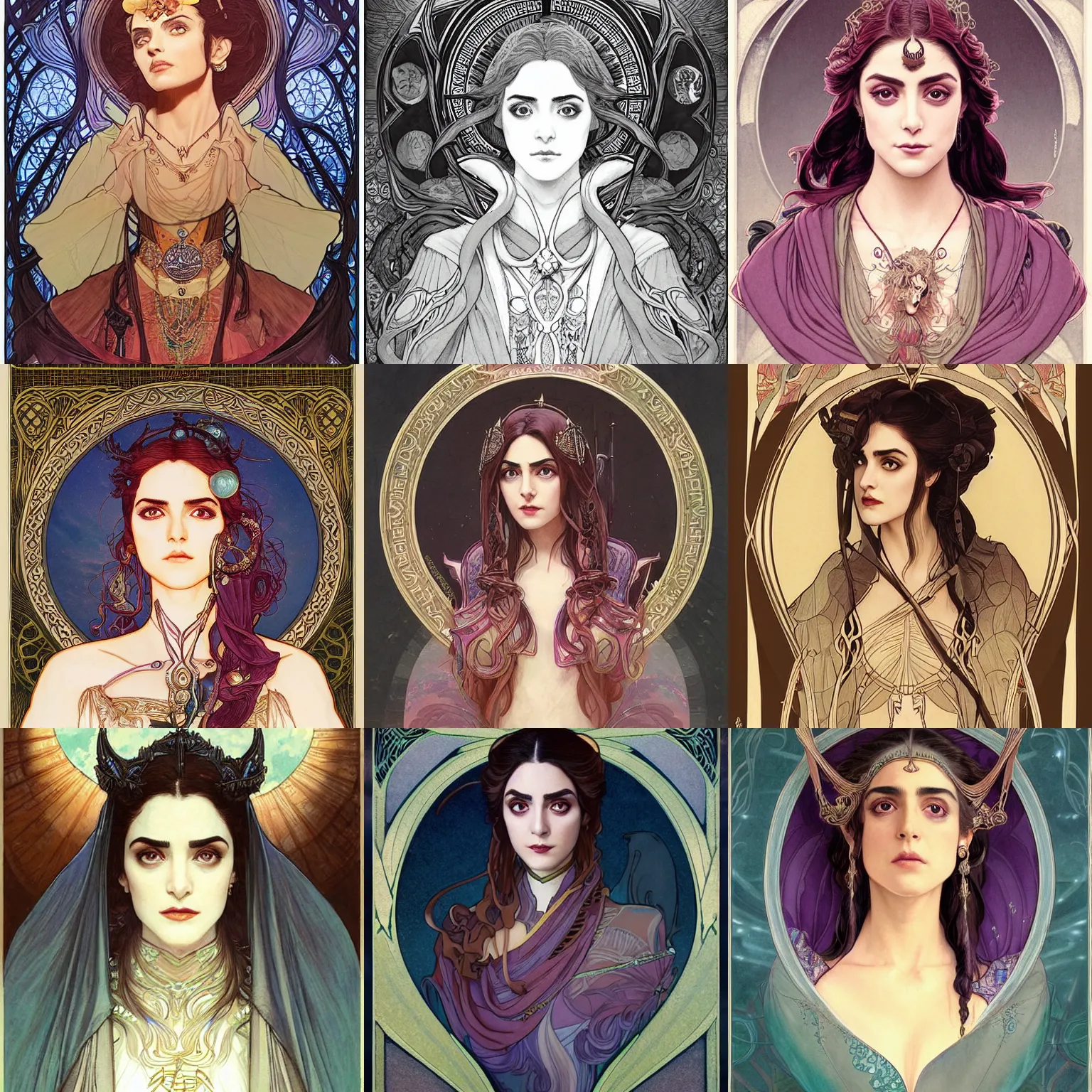 Prompt: masterpiece head-on symmetrical centered bust-view portrait, Maya Ali as D&D sorcerer, Art Nouveau style, wizard robe, fantasy, delicate, elegant, in the style of Greg Rutkowski and Moebius and Mohrbacher and ROSSDRAWS and Ross Tran and Alphonse Mucha and Ayami Kojima and Charlie Bowater and Jean Delville, Pixar, Maya engine, splash comics, tarot card style, Art Nouveau, rich bright colours