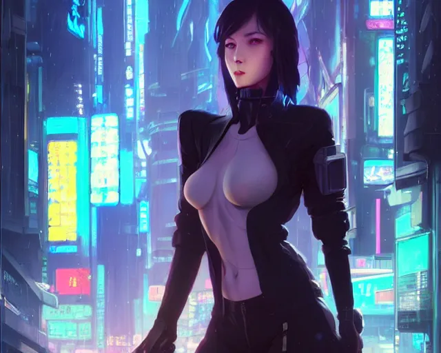 Image similar to Beautiful full body portrait of beautiful cyberpunk woman by Greg Rutkowski and Krenz Cushart and Pan_Ren_Wei and Hongkun_st and Bo Chen and Enze Fu and WLOP and Alex Chow, Madhouse Inc., anime style, crepuscular rays, set in rainy futuristic cyberpunk Tokyo street, dapped light, dark fantasy, feminine figure, smooth skin, gorgeous, pretty face, beautiful fashion model body, high detail, hyper realistic, cgsociety, trending on artstation