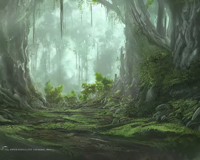 Image similar to deciduous forest in a humid subtropical climate, award winning fantasy concept art