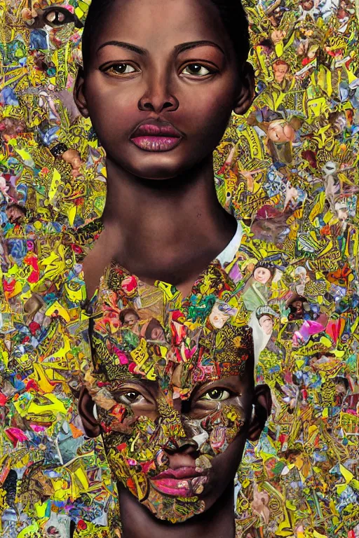 Prompt: A detailed maximalist collage of a portrait with large eyes, exasperated expression with an existential dread of love, mixed media torn paper collage, highly detailed and intricate illustration, high fashion, in the style of Kehinde Wiley