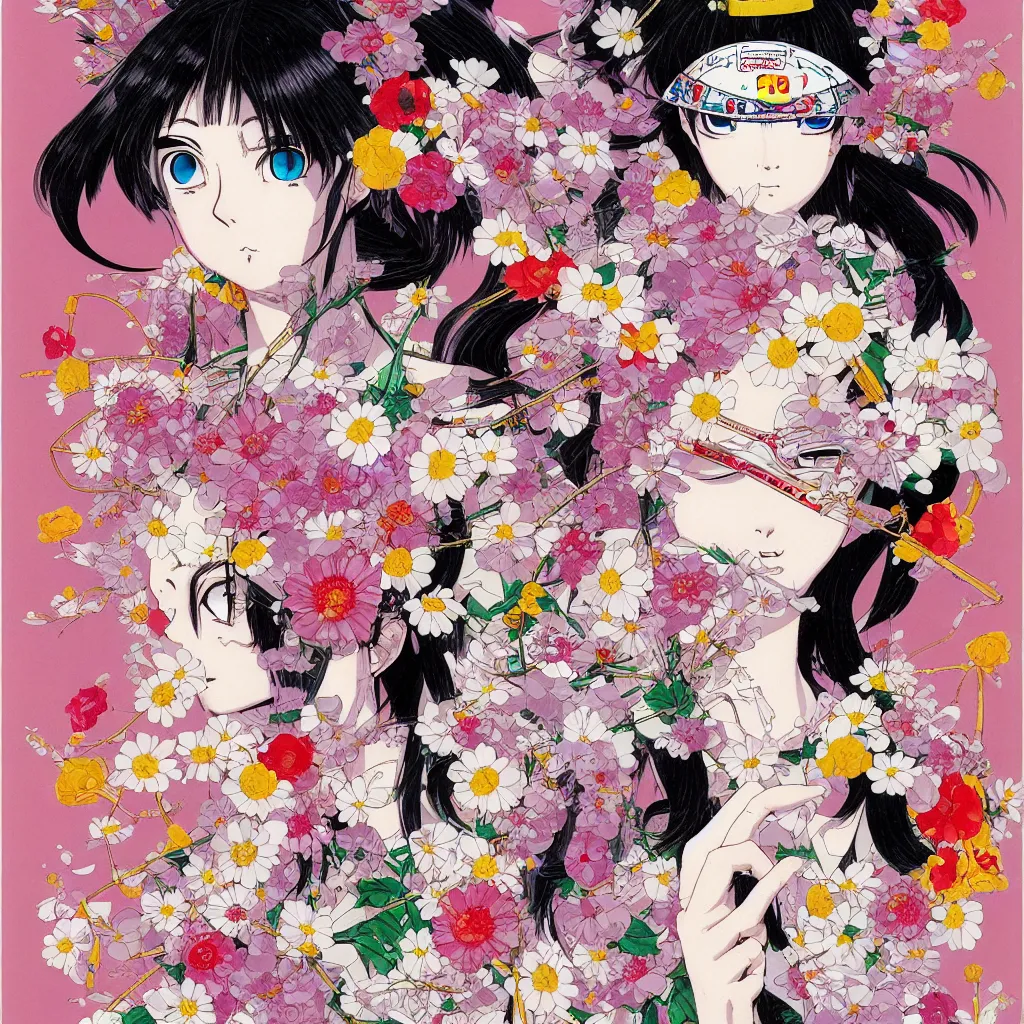 Image similar to prompt: Fragile portrait of one persona covered with random flowers illustrated by Katsuhiro Otomo, inspired by sailor moon and 1990 anime, smaller cable and cryborg parts as attributes, eyepatches, illustrative style, intricate oil painting detail, manga 1980