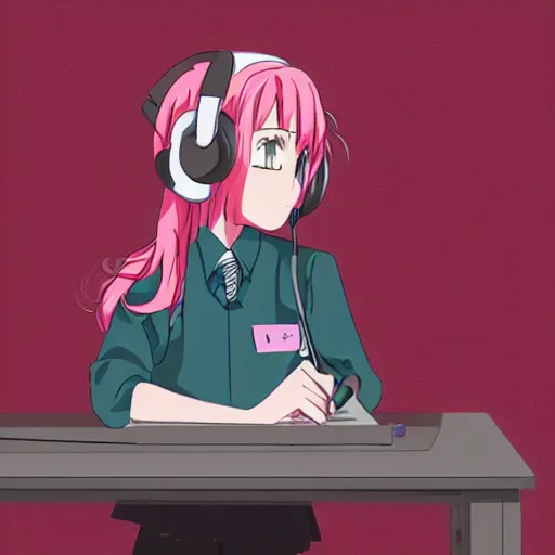 Image similar to high definition anime portrait of a pink haired anime schoolgirl sitting at a desk studying with headphones on, background is a window looking out into a busy tokyo district, lo-fi art, by Studio Ghibli, trending on artstation, sharp high quality anime, digital art, photoshop, proportionate