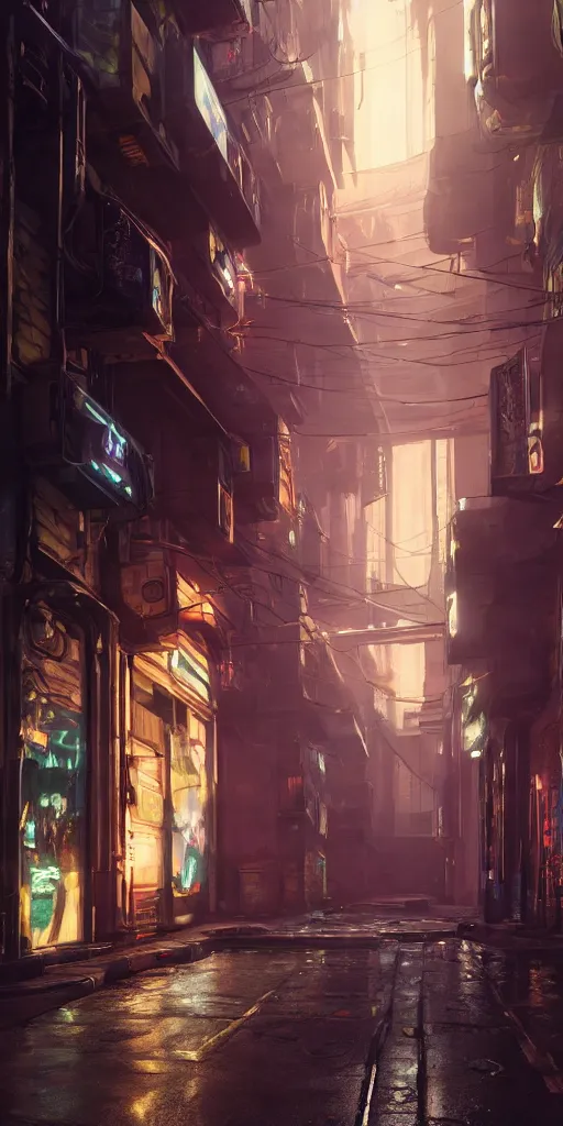 Prompt: cyberpunk alley by albert lynch, 8 k, raytracing, unreal engine 5,