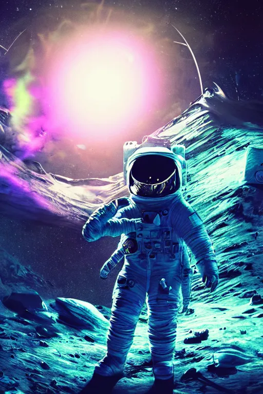 Image similar to trap music concert on the moon, astronaut rave, glowsticks dramatic lighting, cinematic, establishing shot, extremely high detail, foto realistic, cinematic lighting, post processed, concept art, high details, cinematic, 8k resolution, beautiful detailed, photorealistic, digital painting, artstation, concept art, smooth, sharp focus, artstation trending, octane render, unreal engine