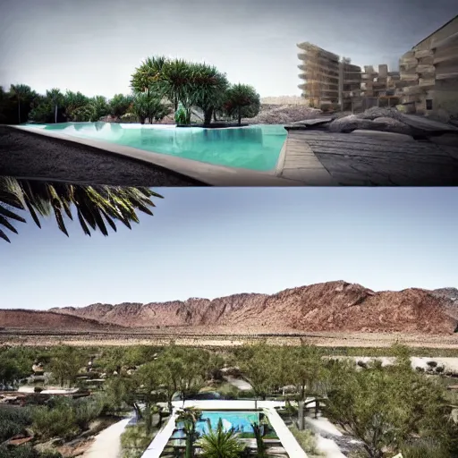 Image similar to brutalism conceptual hotel in the desert, biophilia mood, pool, garden, highly detailed, cinematic, photorealistic,