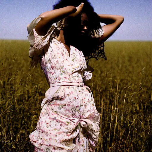 Image similar to realistic!!! photoshoot for a new dior lookbook, color film photography, portrait of a beautiful woman, location on a open field, in style of tyler mitchell, 35mm