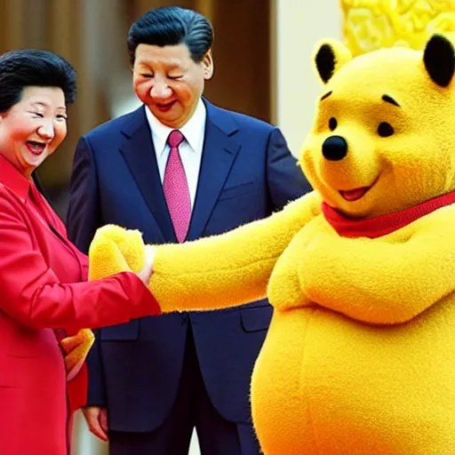 Prompt: winnie the pooh and xi jinping shaking hands in palace