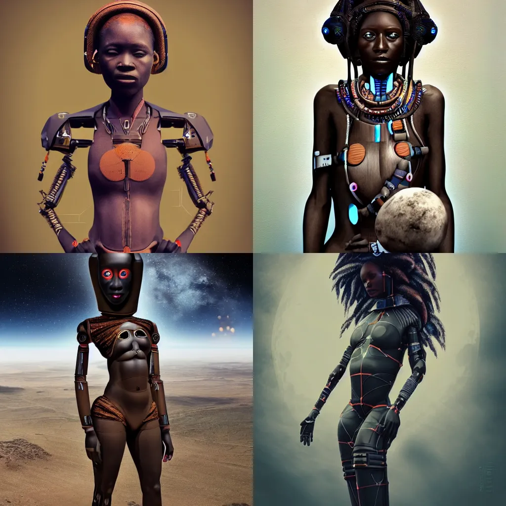 Prompt: beautiful futuristic himba woman wearing otjize, robotic arms, weightless in space, hyperrealistic, scifi, concept art, digital art, portrait, dark, muted colors